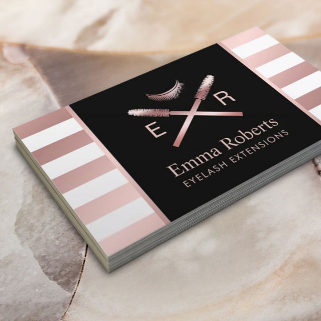 Lashes Makeup Artist Modern Rose Gold Stripes Business Card (Creator Uploaded)