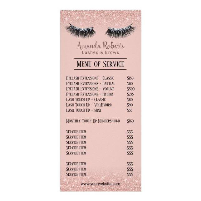 Lashes Makeup Artist Rose Gold Eyelash Price Lists Rack Card (Front)
