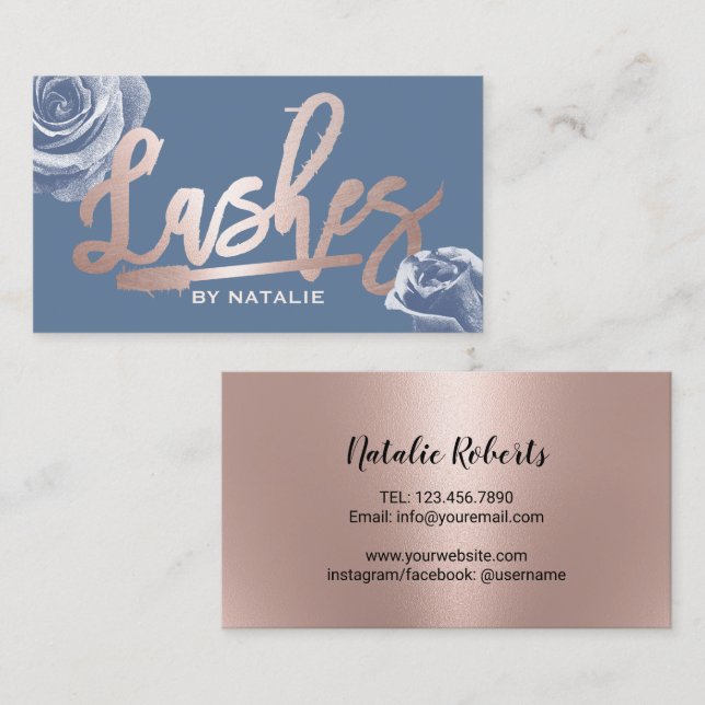Lashes Makeup Artist Rose Gold Script Dusty Blue Business Card (Front/Back)