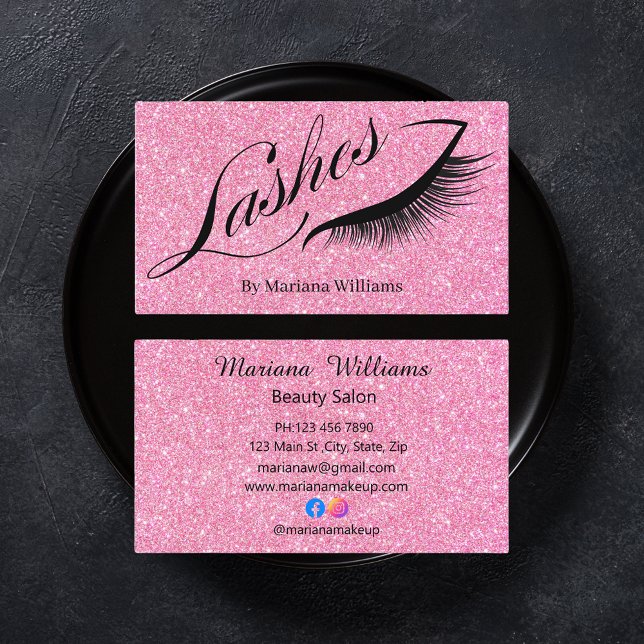 lashes, makeup artist stylish pink glitters luxury business card (Creator Uploaded)