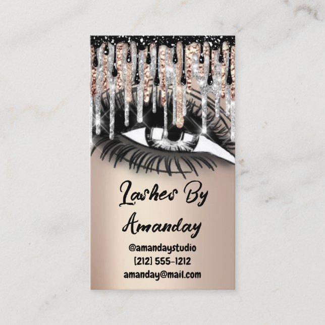 Lashes Makeup Black Drips QR Code Logo Rose Gold Business Card (Front)