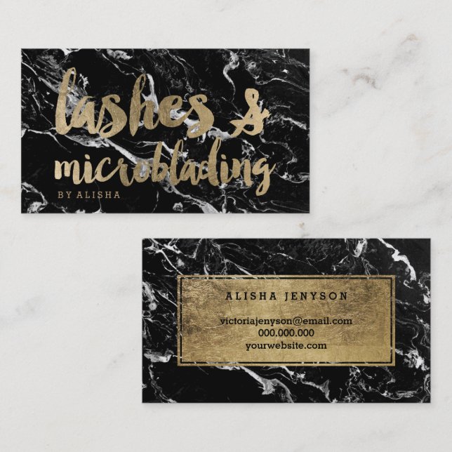 Lashes microblading faux gold script black marble business card (Front/Back)