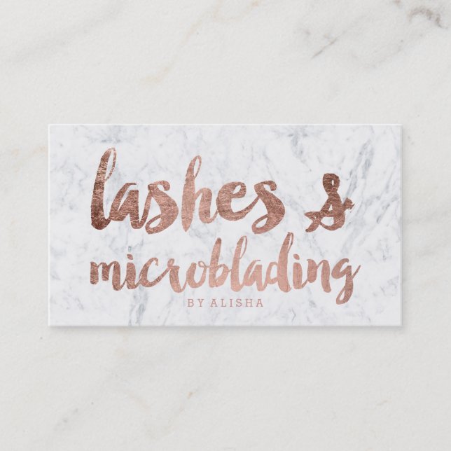 Lashes microblading faux rose gold script marble business card (Front)