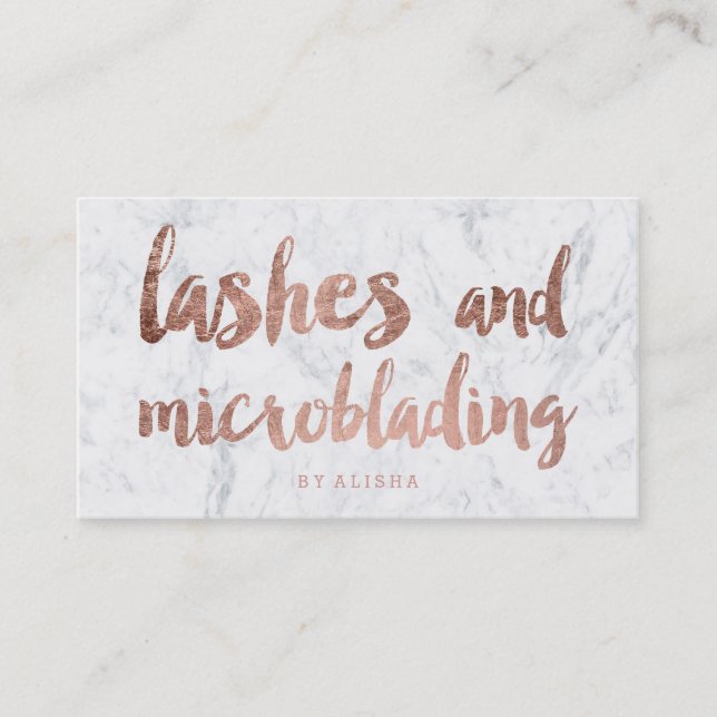 Lashes microblading faux rose gold script marble business card (Front)