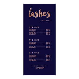 Lashes modern gold typography navy blue price list rack card