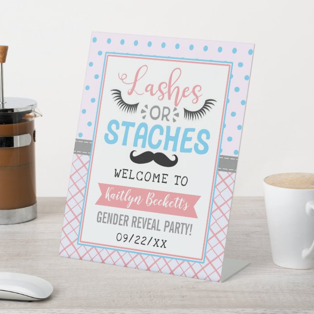 "Lashes Or Staches" Gender Reveal Party Welcome Pedestal Sign (In SItu)