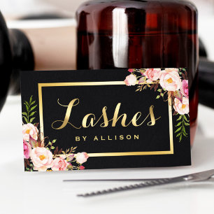 Lashes Script Modern Makeup Black Gold Floral Business Card