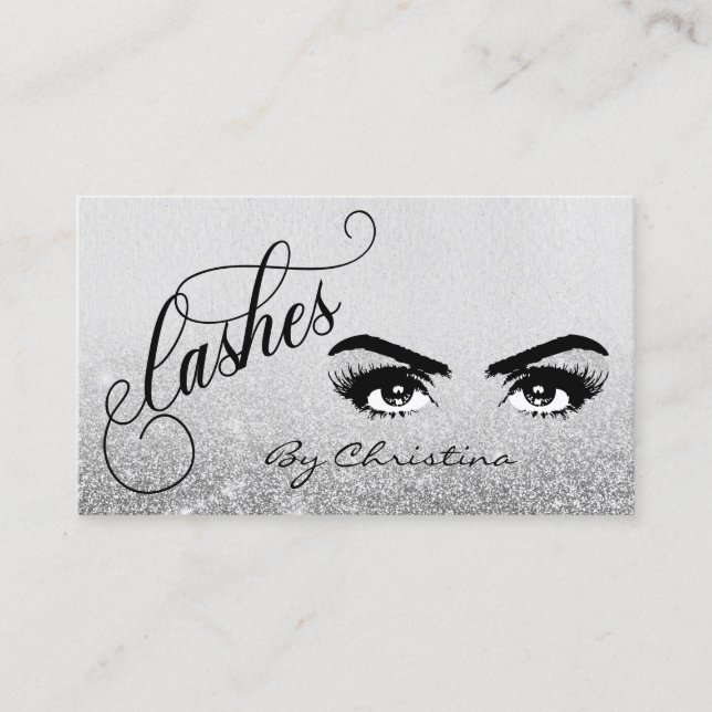 Lashes Script Silver Ombre glitter Eyelash Eyes Business Card (Front)