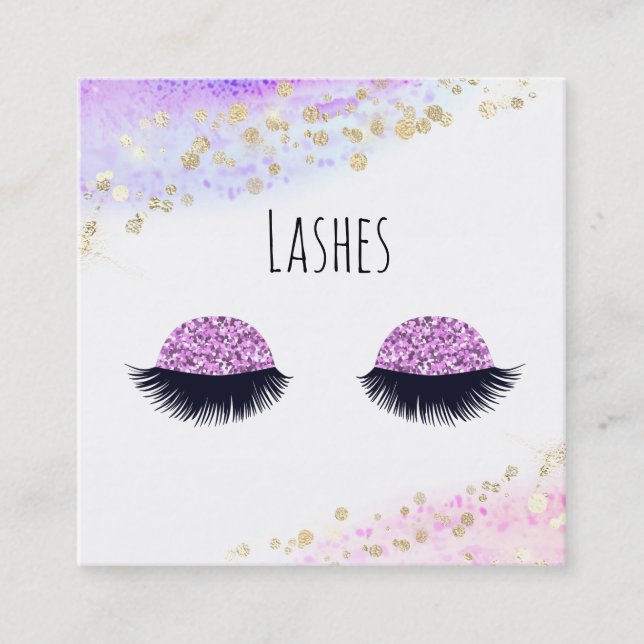 *~* LASHES Watercolor Abstract Pastel Pink Glitter Square Business Card (Front)