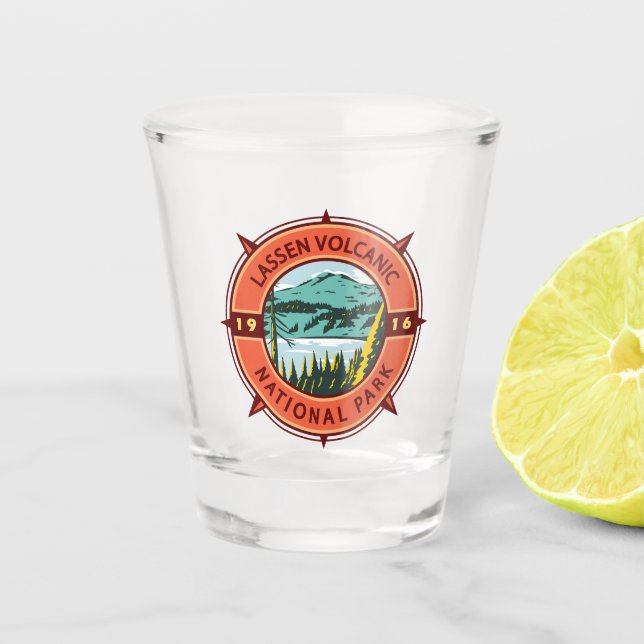Lassen Volcanic National Park Retro Compass Emblem Shot Glass (Front)