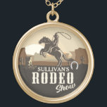 Lasso Roping Roundup ADD NAME Western Rodeo Show Gold Plated Necklace<br><div class="desc">Lasso Roping Roundup ADD NAME Western Rodeo Show - Cowboy and Cowgirl Roper Competition. Desert Plateau sunset featuring Cactus,  Horse and Rider,  Boots and Horseshoe. Customize withy our Name or Custom Text!</div>