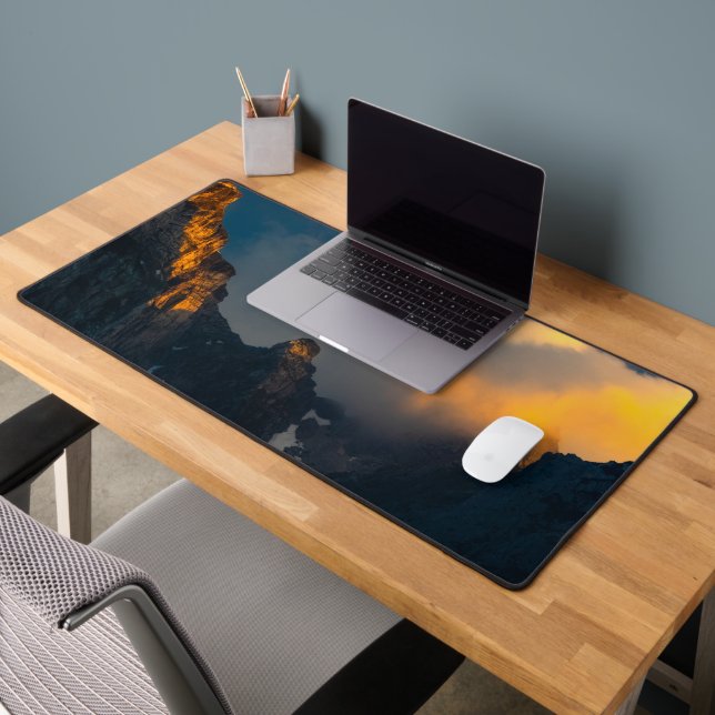Last breath of sun shining on majestic mountains desk mat (Office 2)