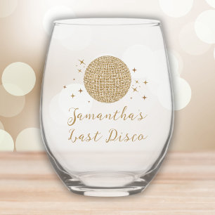 Last Disco Golden Retro Personalized Bachelorette Stemless Wine Glass