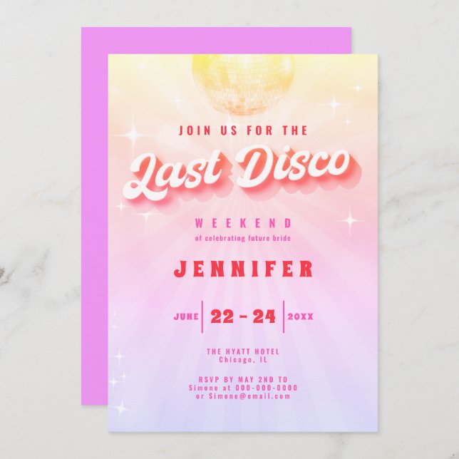 Last Disco Rainbow Retro Bachelorette Weekend Invitation (Front/Back)