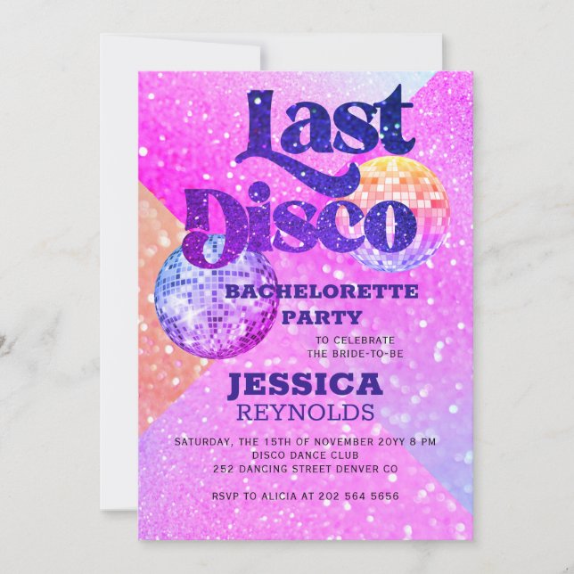 Last disco retro 70 bachelorette party invitation (Front)