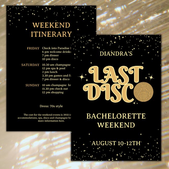 Last Disco Retro Gold Glitter Bachelorette Weekend Invitation (Last disco golden glitter bachelorette weekend invitation with itinerary retro font )