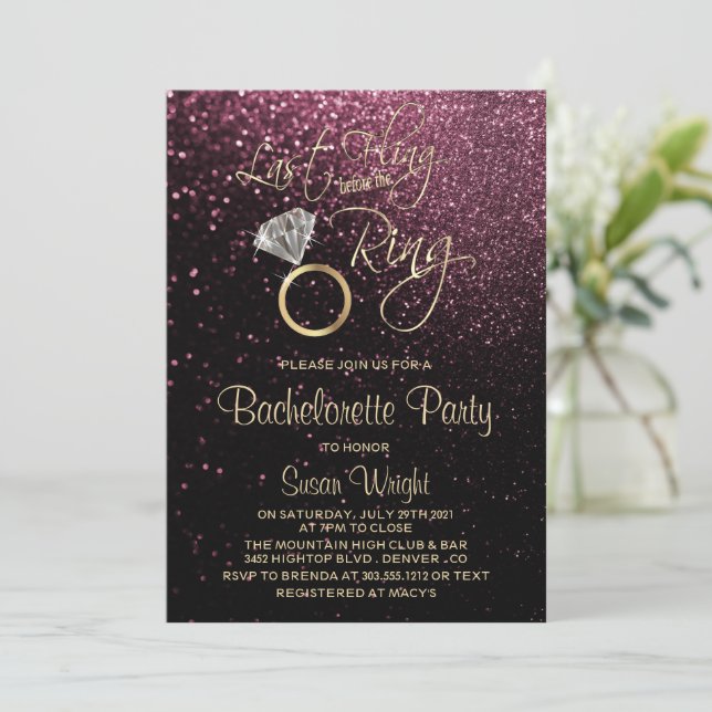 Last Fling Before the Ring Bachelorette Rose Gold Invitation (Standing Front)