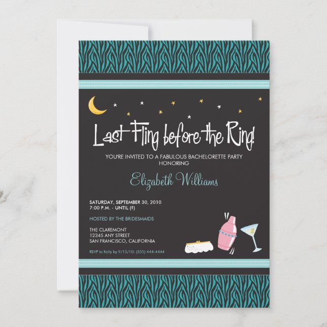 Last Fling Zebra Bachelorette Invitation (aqua) (Front)