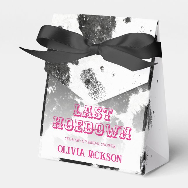 Last Hoedown Cow Print Hot Pink Bridal Shower Favor Box (Front Side)