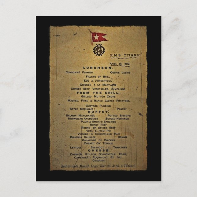 Last Menu RMS Titanic Postcard (Front)
