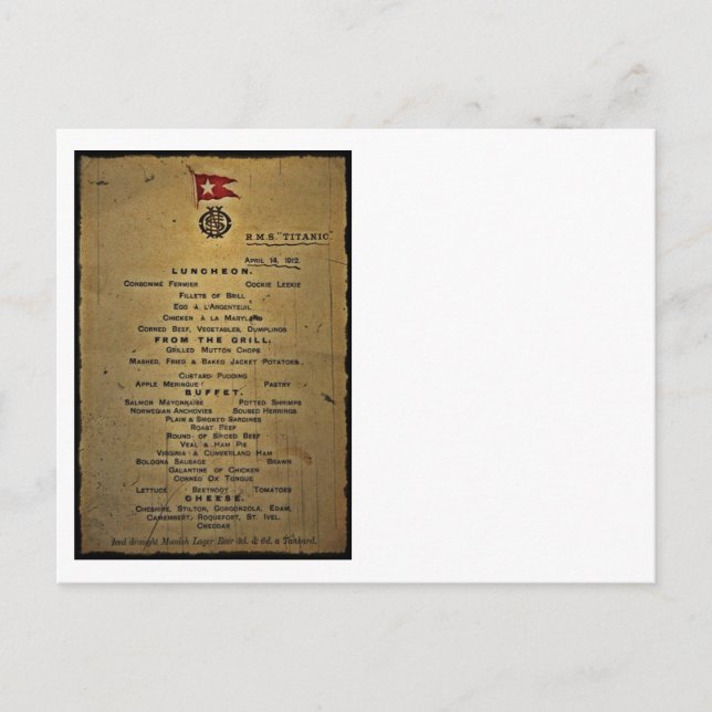 Last Menu RMS Titanic Postcard (Front)