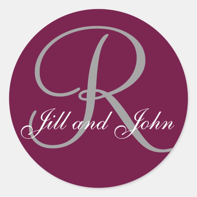 Last Name Initial R plus First Names Wine and Grey Classic Round Sticker (Front)