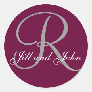 Last Name Initial R plus First Names Wine and Grey Classic Round Sticker