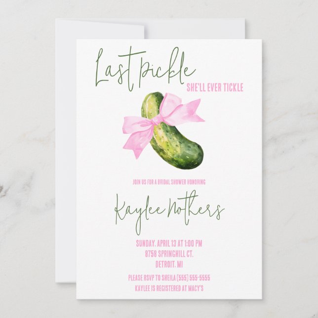 Last Pickle She'll Ever Tickle Bridal Shower Invitation (Front)
