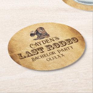 Last Rodeo Cowboy Grunge Brown Bachelor Party Round Paper Coaster