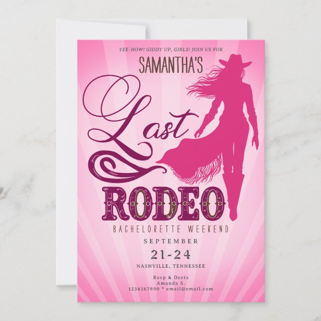 Last Rodeo Pink Cowgirl Nashville Bachelorette  Invitation (Front)