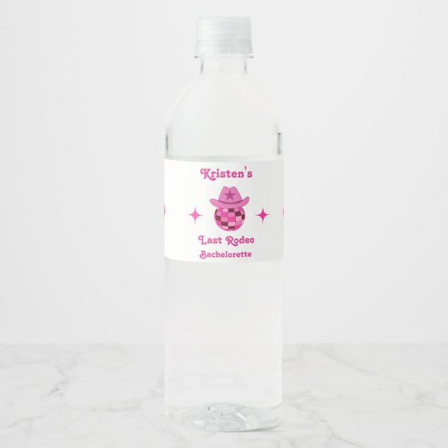 Last Rodeo Pink Disco Cowgirl Bachelorette  Water Bottle Label (Front)