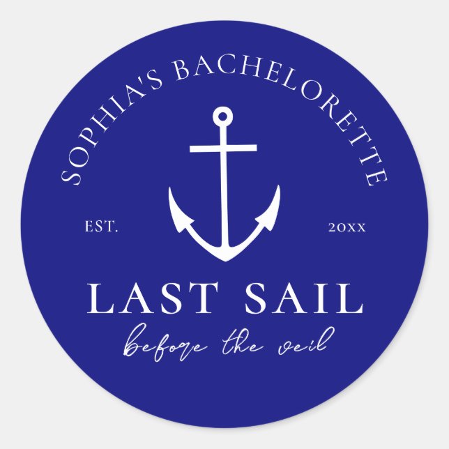 Last Sail Before The Veil Bachelorette Party Blue Classic Round Sticker (Front)