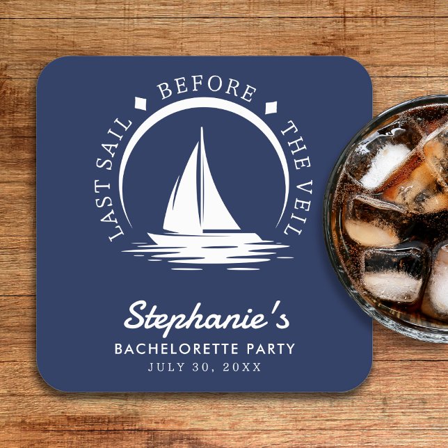 Last Sail Before the Veil Blue Bachelorette Party Square Paper Coaster (Creator Uploaded)