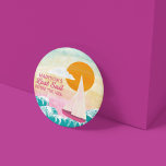 Last Sail Before the Veil Sailboat and Sunset 3 Inch Round Button<br><div class="desc">Help make it a bachelorette party to remember with personalized party supplies. These pins or buttons are ready to be personalized with the bride's name and feature the cute slogan LAST SAIL BEFORE THE VEIL in pink lettering along with an illustration of a sailboat on the water against an orange...</div>