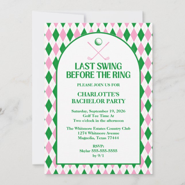Last Swing Before The Ring Golf Bachelorette Party Invitation (Front)