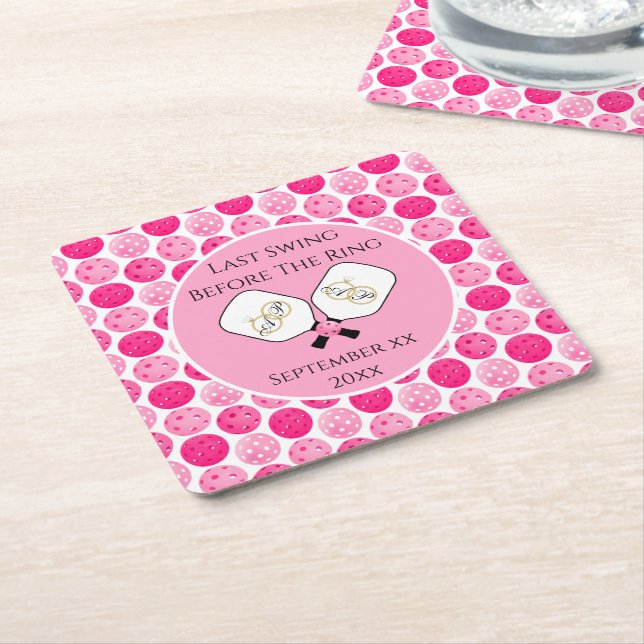 Last Swing Before the Ring Wedding Pickleball Pink Square Paper Coaster (Angled)