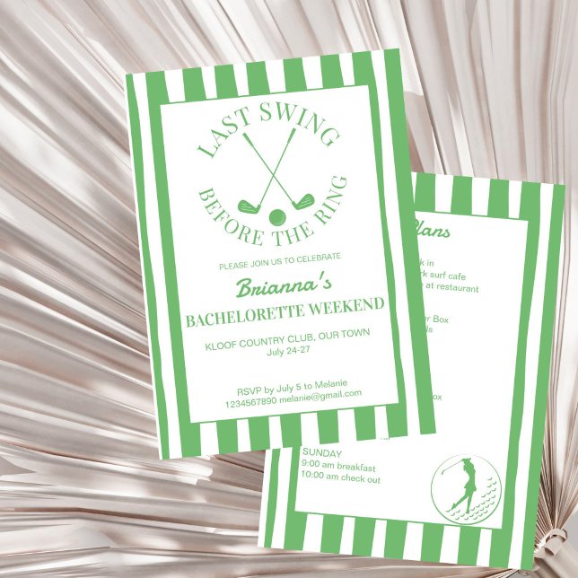 Last swing golf country club Bachelorette weekend Invitation (Last swing before the ring golf country club Bachelorette weekend party bash Invitation template)