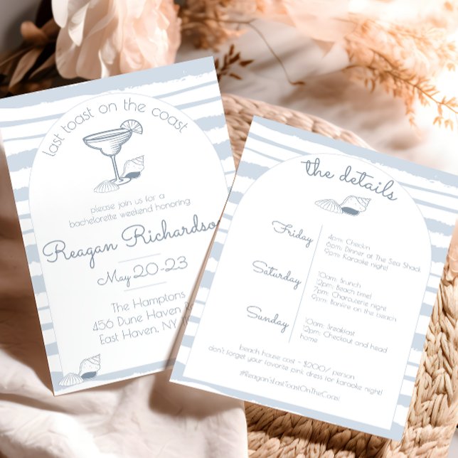 Last Toast on the Coast Beach Bachelorette Weekend Invitation ("last toast on the coast" blue nautical beach bachelorette party girls weekend invitation sea shell )