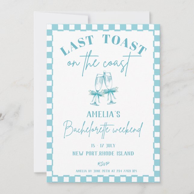 Last toast on the coast Blue Bachelorette party Invitation (Front)