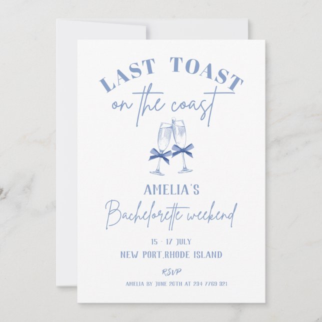 Last toast on the coast Blue Bachelorette party Invitation (Front)
