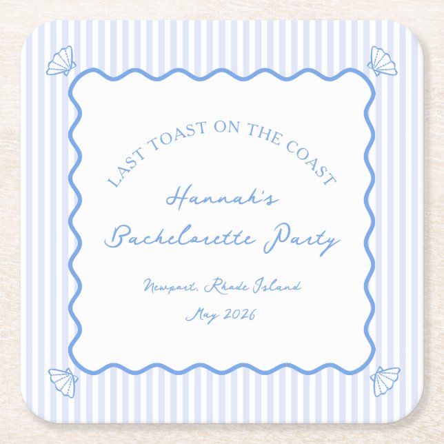 Last Toast on the Coast Blue Bachelorette Party Square Paper Coaster (Front)