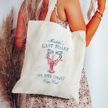 Last Toast on the Coast Lobster Bachelorette Party Tote Bag<br><div class="desc">Toast the bride at the beach with these cute coastal bachelorette party totes. "Last Toast on the Coast" appears in summery blue lettering,  with an illustration of a red lobster clinking two champagne coupe glasses. Personalize with the bride's name and destination.</div>