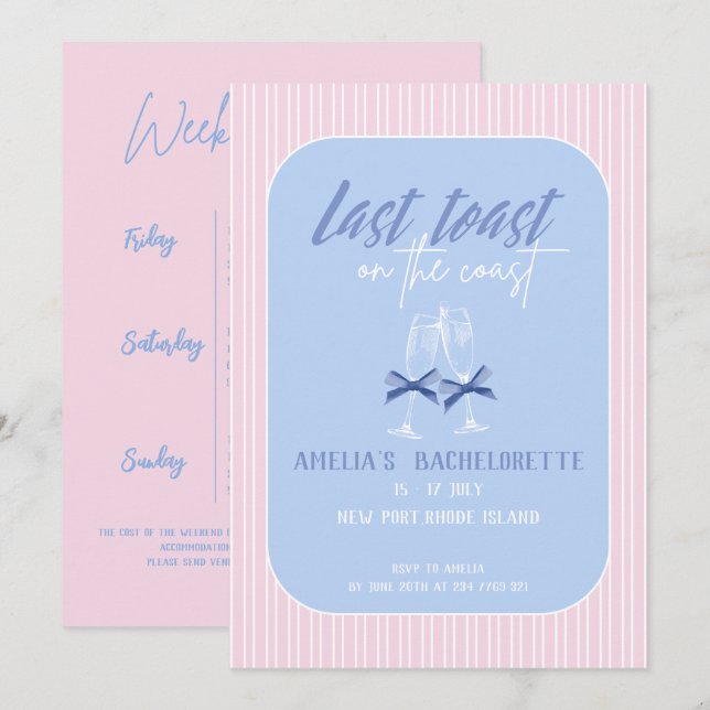 Last toast on the coast Pink Bachelorette party Invitation (Front/Back)