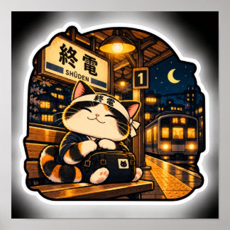 Last Train Cat Poster | Japanese Station Night Art