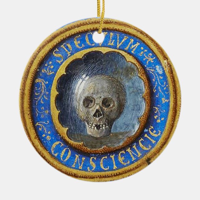 Late Medieval Manuscript Skull  Ceramic Ornament (Front)