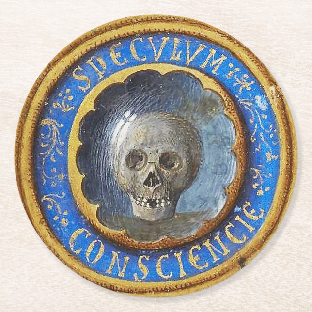 Late Medieval Manuscript Skull  Round Paper Coaster (Front)