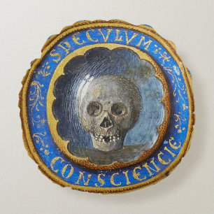 Late Medieval Manuscript Skull  Round Pillow