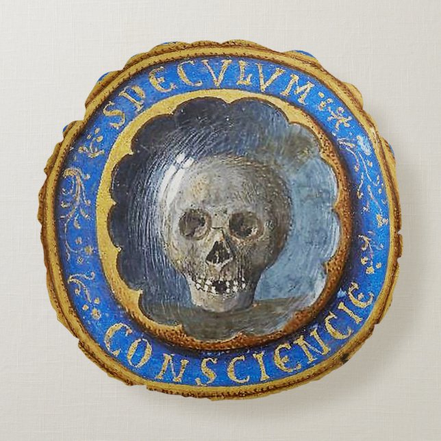 Late Medieval Manuscript Skull  Round Pillow (Front)