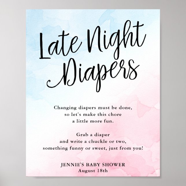 Late Night Diaper Activity Pink Blue Watercolor Poster (Front)