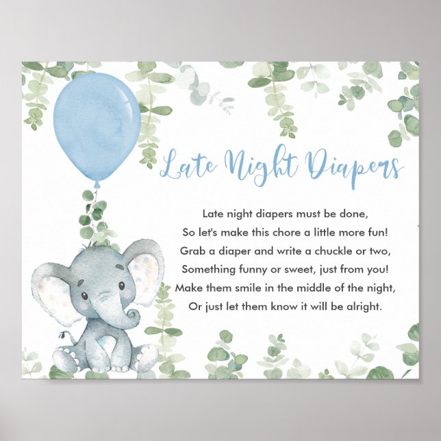 Late night diapers baby shower game blue elephant poster (Front)
